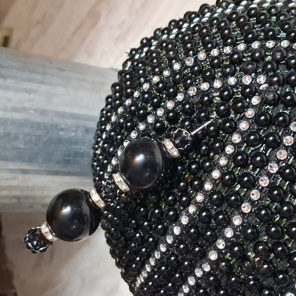 Black Beaded Fascinator Hat with Silver Details. - Picture 2 of 6